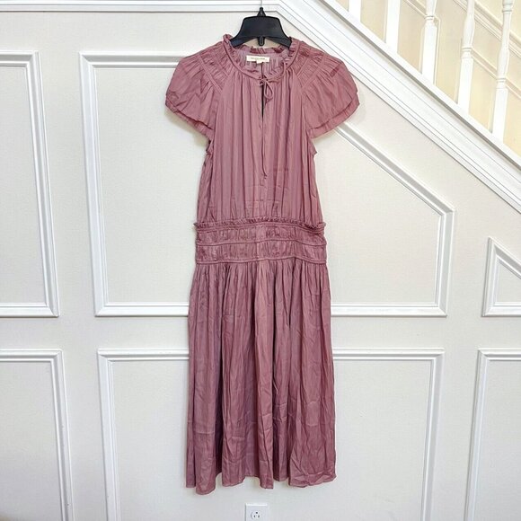 GRADE & GATHER V-NECK SATIN RUFFLE Midi DRESS IN DUSTY ORCHID Size L - Picture 1 of 13